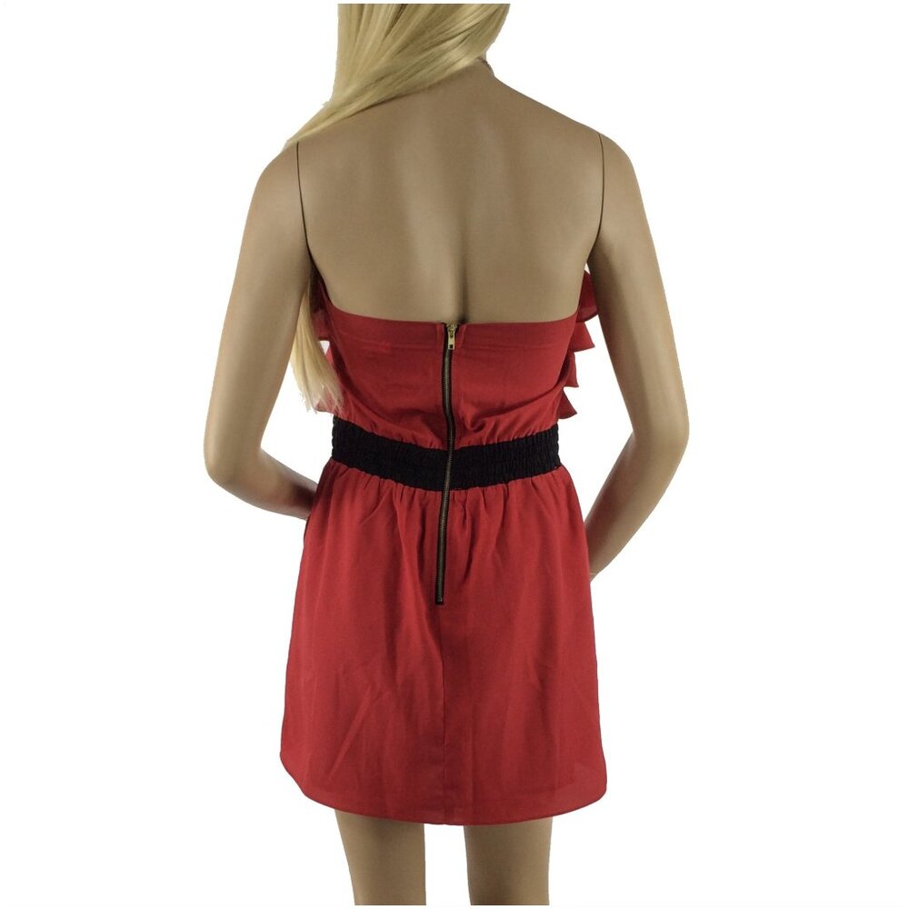 Anthropologie Strapless Ruffled Red Mini Dress w/Black Bow Waist Accent - Picture 4 of 6